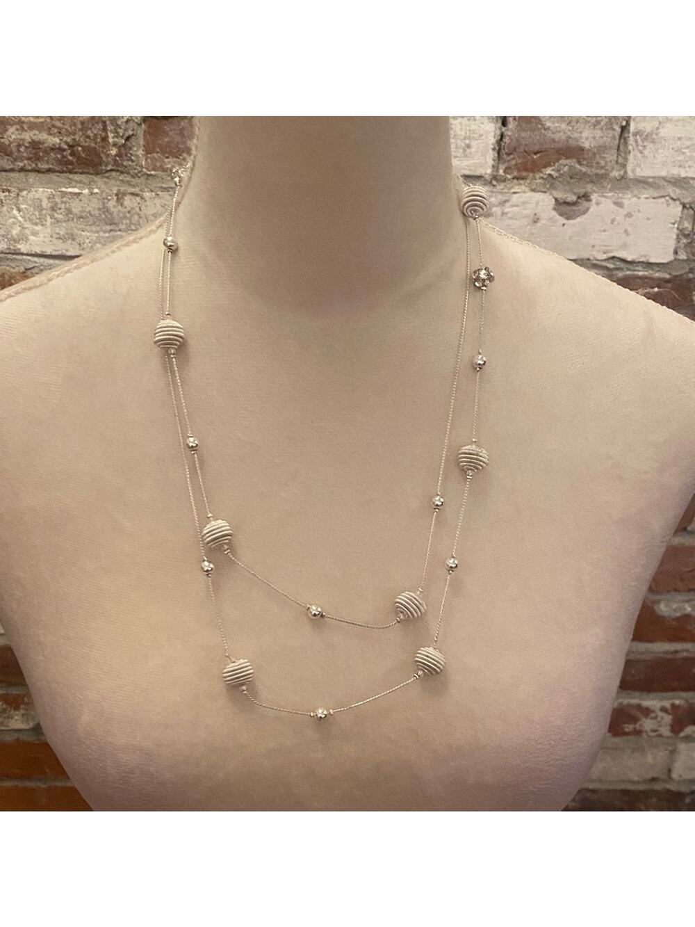 Elegant Faux Silver Long Double Wrap Beaded Necklace